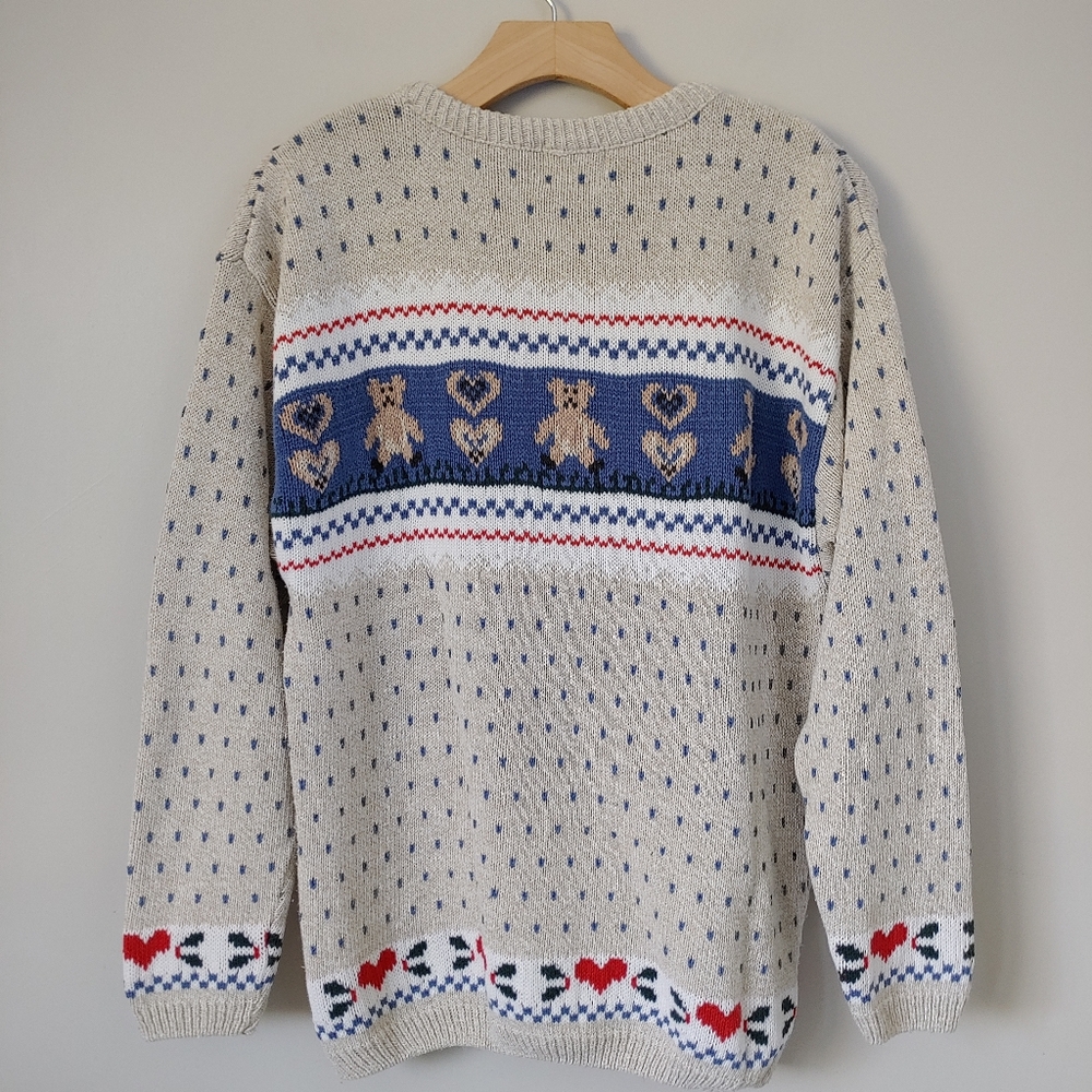 Vintage Cottage Cove Cardigan Knit Sweater Teddy Bear Hearts Size Medium Grandma - Picture 10 of 14